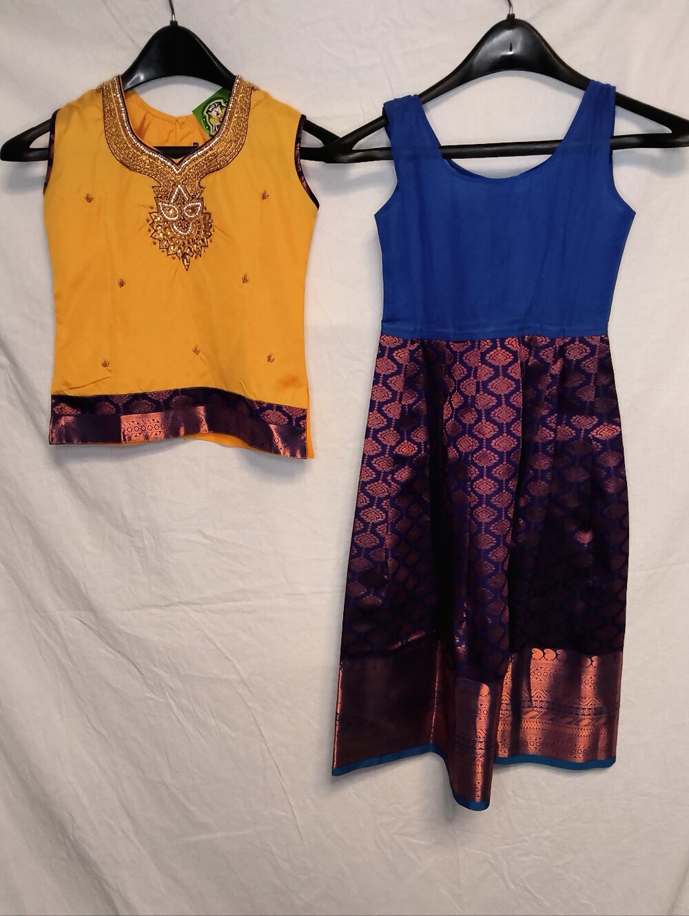 Girls' Traditional Blue & Yellow Pattu Pavadai